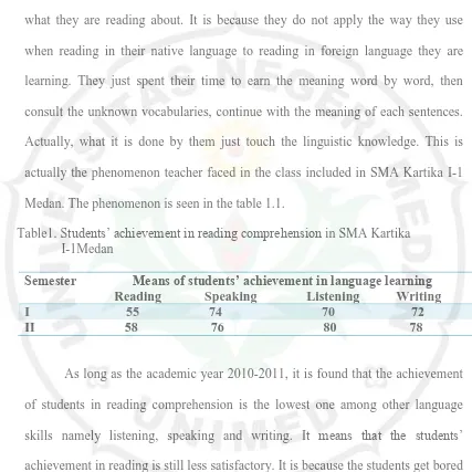 Table1. Students’ achievement in reading comprehension in SMA Kartika            I-1Medan 
