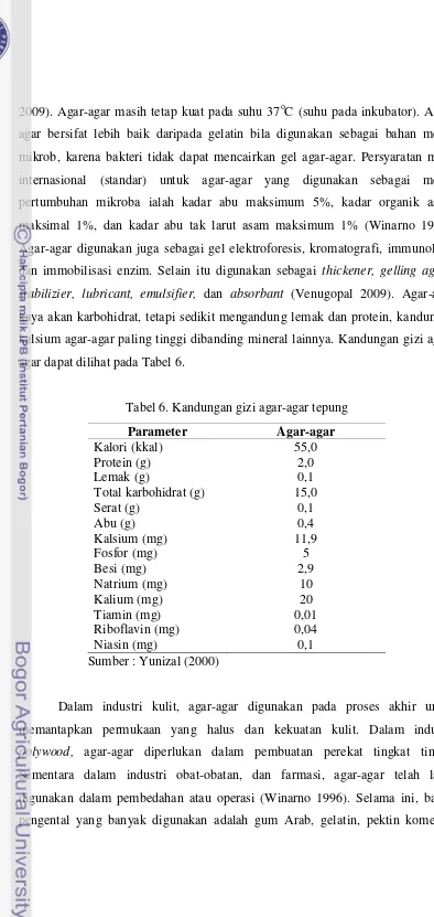 Tabel 6. Kandungan gizi agar-agar tepung 