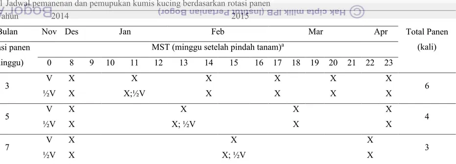 Tabel 1 Jadwal pemanenan dan pemupukan kumis kucing berdasarkan rotasi panen 