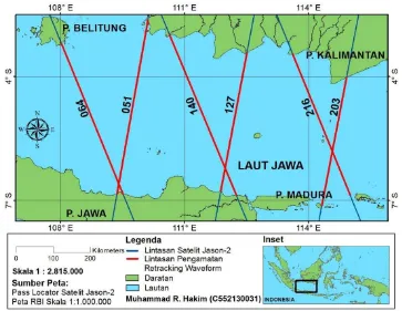 Gambar 3  Peta lokasi penelitian.  Angka pada garis merah menunjukkan nomor     lintasan (pass) dari satelit altimeter Jason-2 
