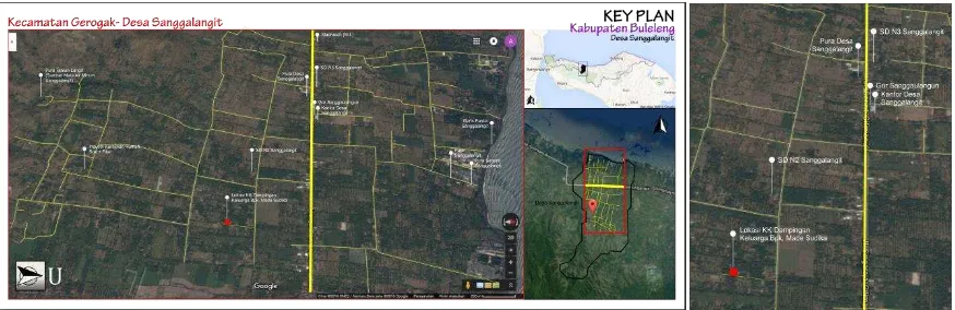 Gambar 4.2.a Denah Situasi Desa Sanggalangit, dan lokasi rumah keluarga Bpk. Made Sudika Sumber : dokumen pribadi (19/8/16) 