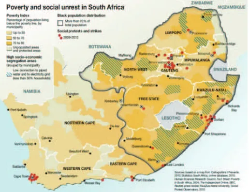 Figure 4 Notice the percentage population living below poverty line, high socio‐economic segregation and instances of social unrest in KwaZulu Natal. 