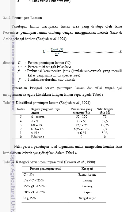 Tabel 3  Klasifikasi penutupan lamun (English  et al., 1994) 