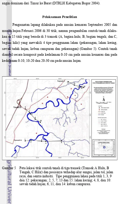 Gambar 5 Peta lokasi titik contoh tanah di tiga transek (Transek A Hulu, B 