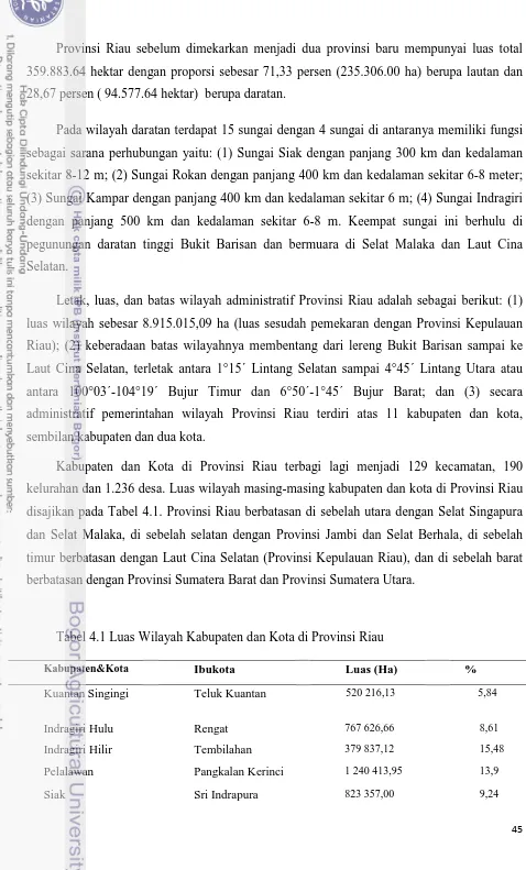Tabel 4.1 Luas Wilayah Kabupaten dan Kota di Provinsi Riau 