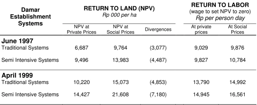 Table 2.7.  Profitability matrix of 25 years repong damar establishment.  