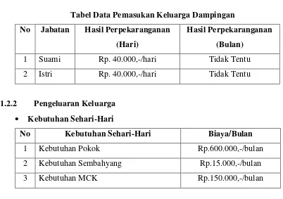 Tabel Data Pemasukan Keluarga Dampingan 