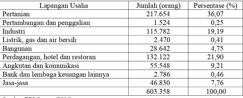 Tabel 6.  Jumlah penduduk usia 10 tahun ke atas yang bekerja menurut jenis lapangan usaha di Kabupaten Serang    