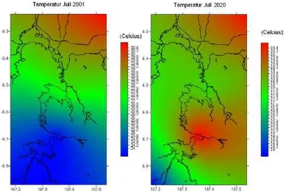 Gambar 4.3. Temperatur bulan Januari (musim basah) pada daerah penelitian. Gambar sebelah kiri adalah tahun 200 dan yang sebelah kanan adalah proyeksi tahun 2020