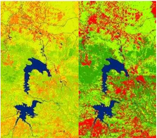 Gambar 4.7. Tata guna lahan daerah pengamatan untuk tahun 200 (Gambar kiri) dan proyeksi untuk tahun 2020 (Gambar kanan).