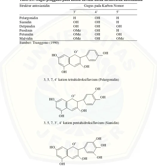 Tabel 2.1. Gugus pengganti pada kation flavium untuk membentuk antosianidin 