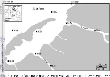 Gambar 2-1. Peta lokasi penelitian, Segara Menyan. 1= pantai, 2= segara, 3= sungai.  
