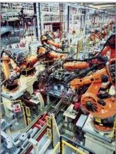 Figure 2.1: Industrial robot in car production doing vehicle under body assembly 