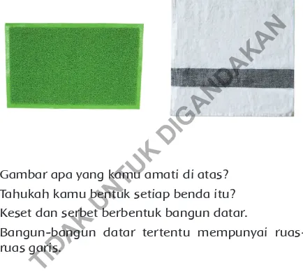 Gambar apa yang kamu amati di atas?Tahukah kamu bentuk setiap benda itu?Keset dan serbet berbentuk bangun datar.Bangun-bangun datar tertentu mempunyai ruas-ruas garis.TIDAK UNTUK DIGANDAKAN