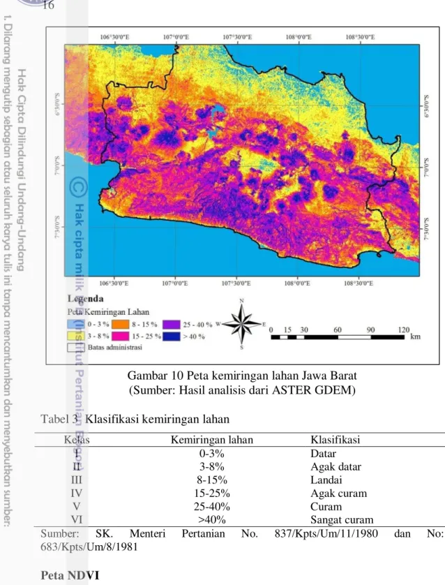 Gambar 10 Peta kemiringan lahan Jawa Barat  (Sumber: Hasil analisis dari ASTER GDEM)  Tabel 3  Klasifikasi kemiringan lahan