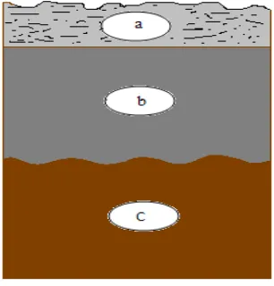 Gambar 2  Pengambilan contoh tanah pada lapisan, a) serasah, b) tanah gambut, dan c) tanah mineral.
