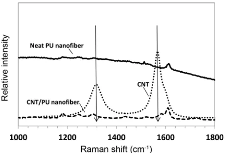 Figure 5. Raman spectra of the present CNTs, neat PU and CNT/PU composite nanofibers.
