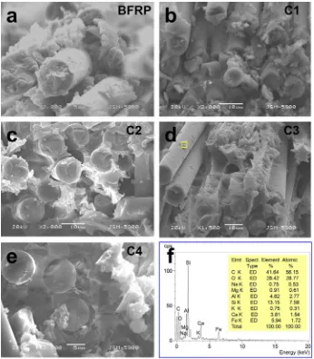 Fig. 6. Representative SEM images of the fracture surfaces after tensile test of: (a) BFRP, (b) C1, (c) C2, (d) C3, and (e) C4