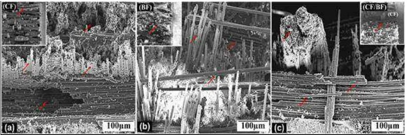 Figure 4. Fracture surfaces of interply hybrid composites showing region of failure along transversely as well as longitudinally arranged fiber bundles, and sites of brittle matrix fracture; a) CFRP, b) BFRP and, c) 40wt% of basalt fabrics hybrid with carb