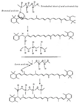 Gambar 5 Mekanisme adsorpsi  β-karoten pada sisi aktif asam Bronsted-Lewis (Srasa and Ayedi 2000 dalam Hussin et al