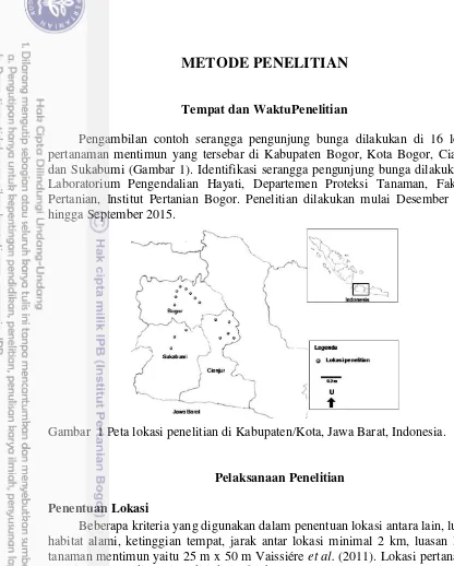 Gambar  1 Peta lokasi penelitian di Kabupaten/Kota, Jawa Barat, Indonesia. 