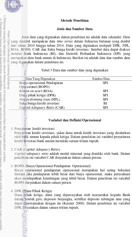 Tabel 3 Data dan sumber data yang digunakan 