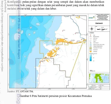Gambar 6 Peta batimetri perairan pesisir Kecamatan Pomalaa 