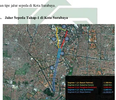 Gambar 3.1 Peta rute jalur sepeda tahap-1 di kota Surabaya 