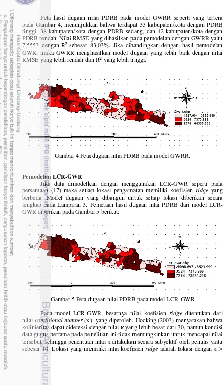 Gambar 4 Peta dugaan nilai PDRB pada model GWRR. 