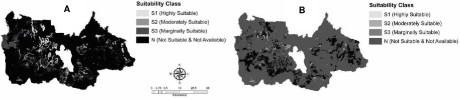 Figure 4. Map of: A. Forest area status (Ministry of Forestry, 2009); and B. allocation in official spatial land 