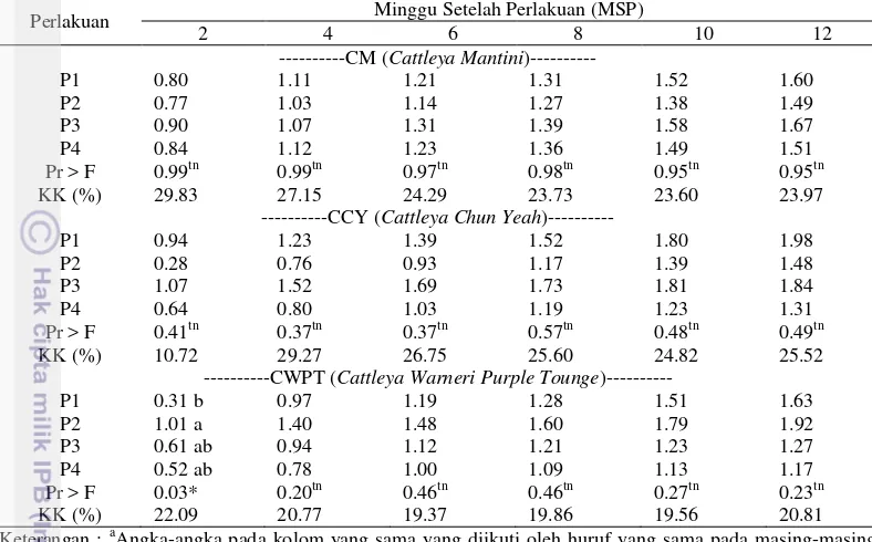 Tabel 4 Rataan pertambahan panjang daun (PPD) anggrek Cattleya 