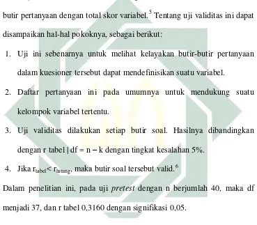 Hasil Uji Pretest Validitas Kelompok Referensi (XTabel 3.1 1) 