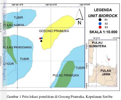 Gambar 1 Peta lokasi penelitian di Gosong Pramuka, Kepulauan Seribu 
