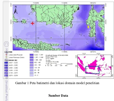 Gambar 1 Peta batimetri dan lokasi domain model penelitian 