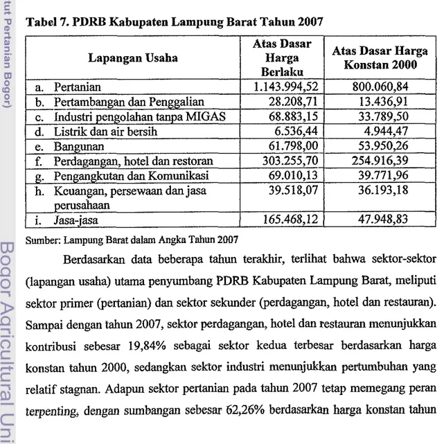 Tabel 7. PDRB Kabupaten Lampung Barat Tahun 2007 