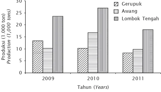 Gambar 2. Produksi rumput laut tahun 2009-2011 di kawasan mina-politan Gerupuk, Awang, dan Kabupaten Lombok TengahFigure 2.Seaweed production from 2009-2011 in minapolitan areaof Gerupuk, Awang, and Central Lombok Regency