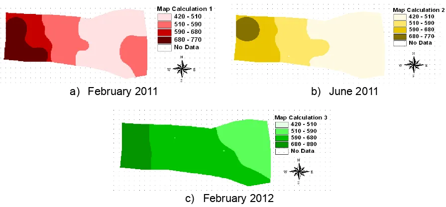 Figure 1. Spatio-temporal variability of paddy yield : a) harvested on February 2011, b) 