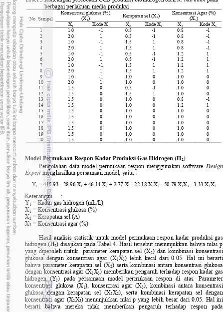 Tabel 3 Rancangan percobaan CCD produksi biohidrogen oleh R. marinum pada  berbagai perlakuan media produksi Konsentrasi glukosa (%) Konsentrasi Agar (%) 