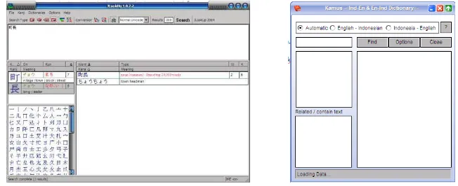 Gambar 2. Software JLookUp versi 1.0.7.2 (kiri) dan Kamus versi 1.02 