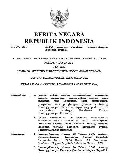 Peraturan Kepala Badan Nasional Penanggu