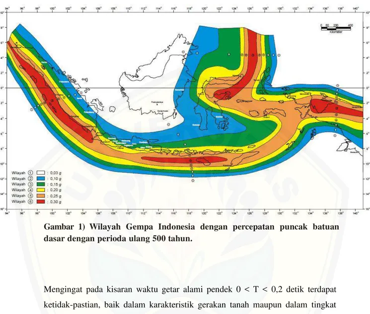 Gambar  1) Wilayah Gempa Indonesia dengan percepatan puncak batuan dasar dengan perioda ulang 500 tahun.