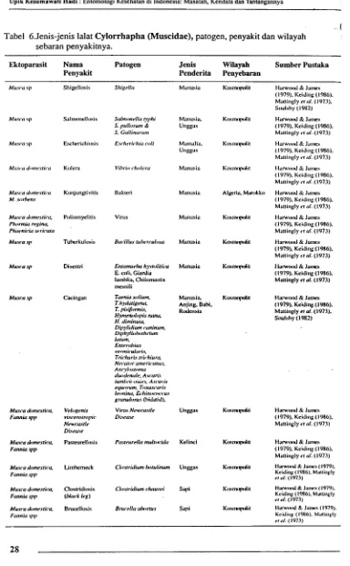 Tabel 6.Jenis-jenis lalat Cylorrhapha (Muscidae), patogen, penyakit dan wilayah 
