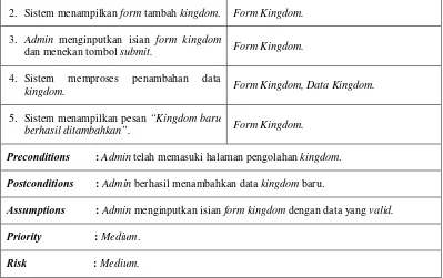 Tabel 3. 8 Skenario Use Case Detail Kingdom. 