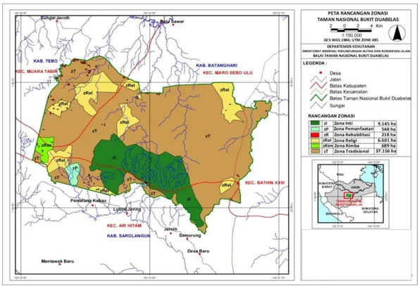 Gambar  2    Peta  zonasi  Taman  Nasional  Bukit  Duabelas  (TNBD)  (Sumber:  BKSDA 2009) 