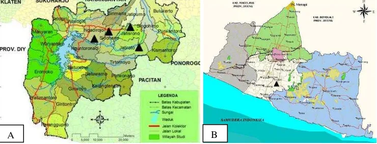 Gambar 1 Peta lokasi pengambilan sampel tanaman jambu mete. Lokasi pengambilan sampel ( ) di Kabupaten Wonogiri Jawa Tengah (A) dan Kabupaten Bantul Yogyakarta (B)