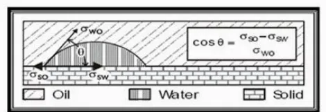 Gambar 3 memperlihatkan sistem air-minyak yang kontak dengan benda padat, dengan sudut kontak sebesar θ