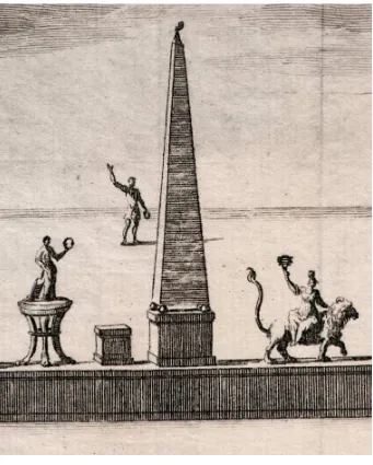 Fig. 9: Detail of the obelisk in Fig. 8, showing the torch at its summit, replacing the original globe which was struck by lightning