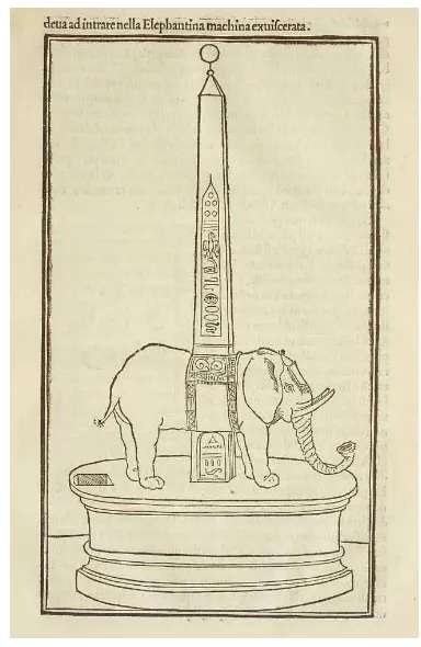 figure holding what looks like a severed animal tail. The pitch and stepping of the an obelisk-like structure on four foliate supports, the obelisk topped with a winged illustration in the book indicates that the artist who created the image was aware of p