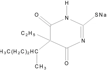 Gambar 1.  Struktur Kimia Natrium Tiopental (5-etil,-5-(1 metil-butil)- Tiobarbiturat-Natrium) (Schunack, dkk., 1990) 