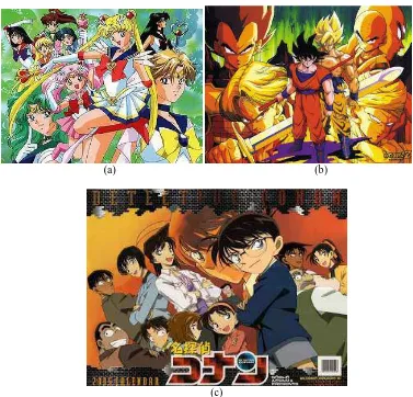 Gambar 1.1 (a) “Sailor Moon”Karya Takeuchi Naoko, (b) “Dragon Ball” Karya Akira Toriyama, (c) “Detektif Conan” Karya Aoyama Gosho (Sumber: http://www.kaskus.us/showthread.php?p=178053834&posted=1, 30 November 2012) 